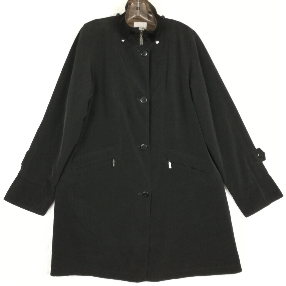 East 5th Womens Trench Coat Black Full Zip Button Lined L Career Jacket Comfort‎